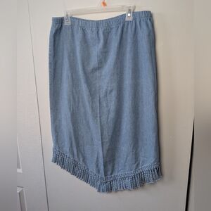 VINTAGE Fringe Denim Midi Skirt Size XL Made In USA 100% Cotton Western Style